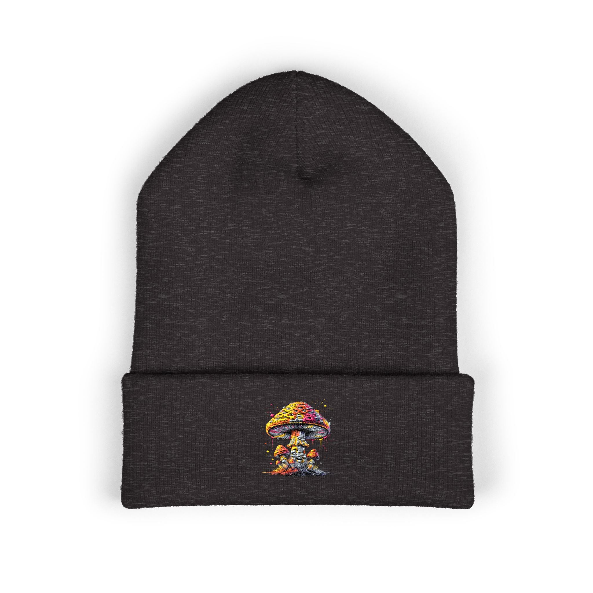 Beanie: Embroidered Colorful Mushroom Beanie — Cute Cuffed Knit Hat