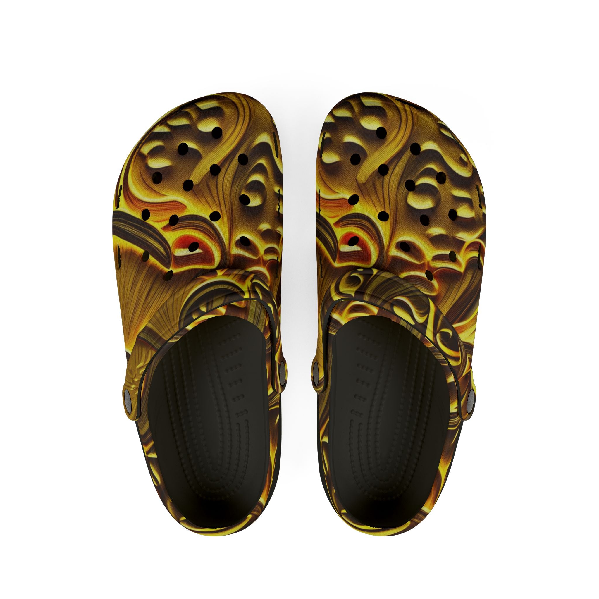 Clogs: Golden Swirl EVA Foam Clogs — Abstract Metallic Pattern Slip-Ons