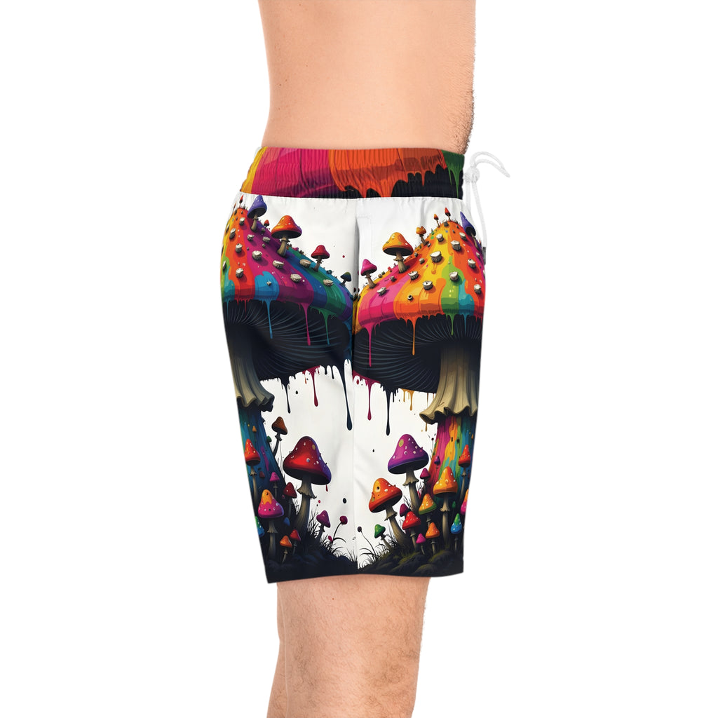 Psychedelic Rainbow Mushroom Swim Shorts — Men's Mid-Length Beach Trunks