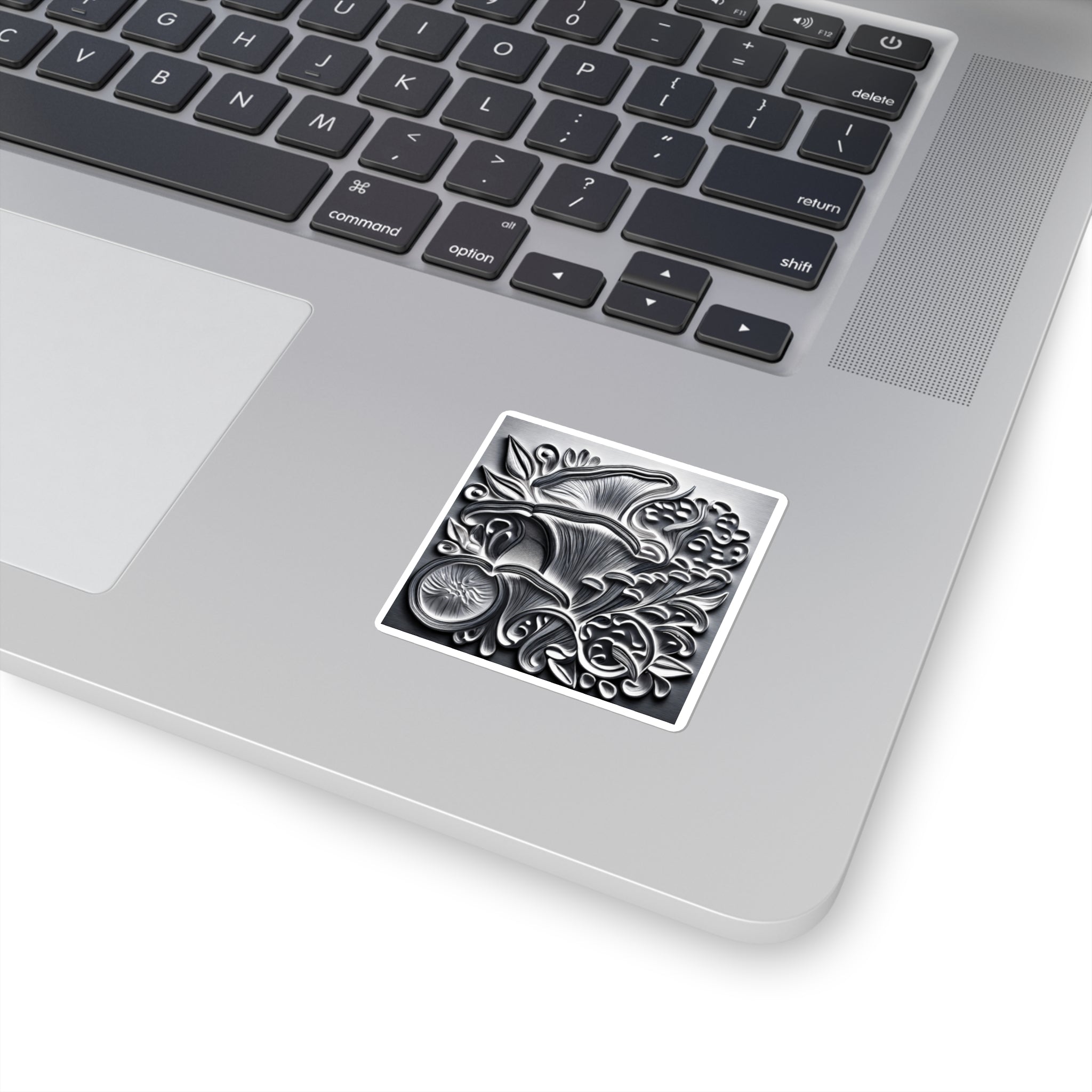 Metallic Botanical Square Sticker — Embossed Floral Mushroom Design