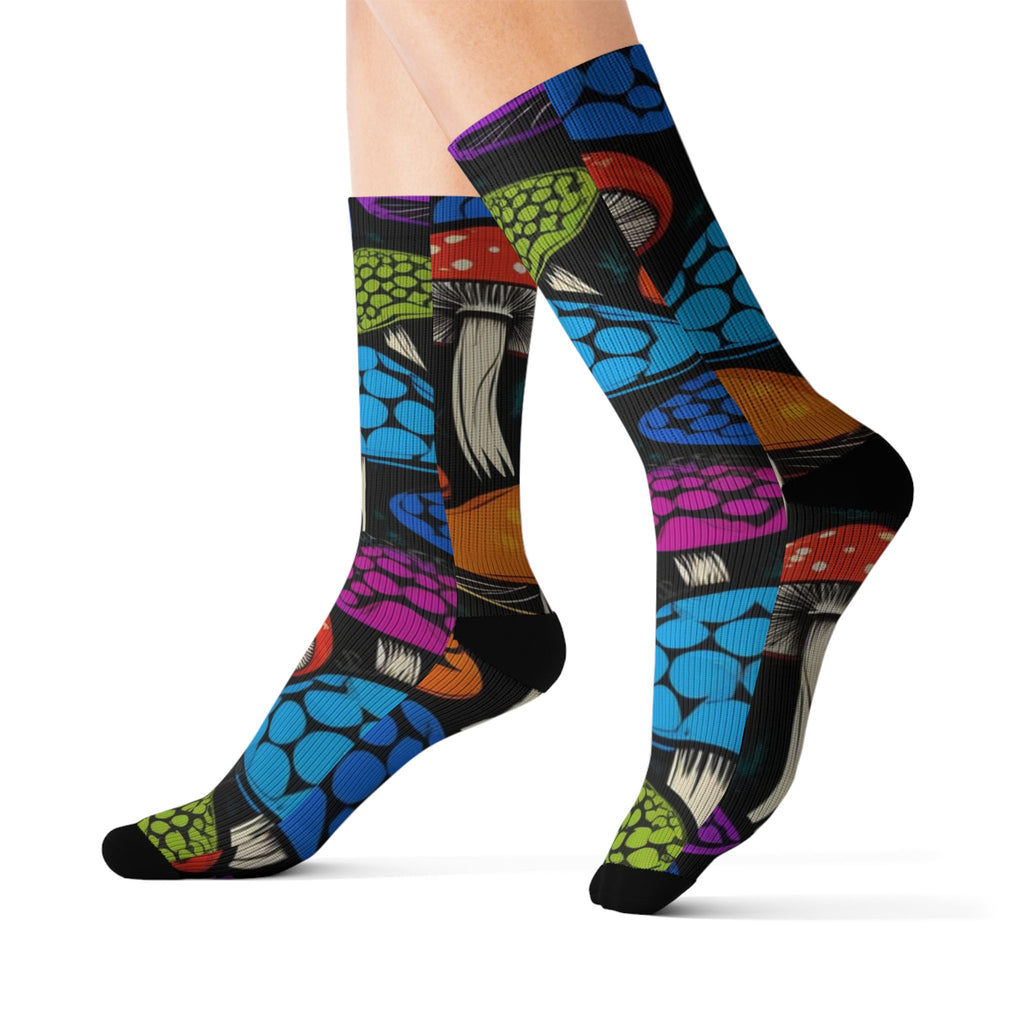 Socks: Colorful Mushroom Pattern Socks, Funky Gift Idea for Nature Lovers, Unisex Wearable Art, Fun Socks for Festivals, Unique Apparel