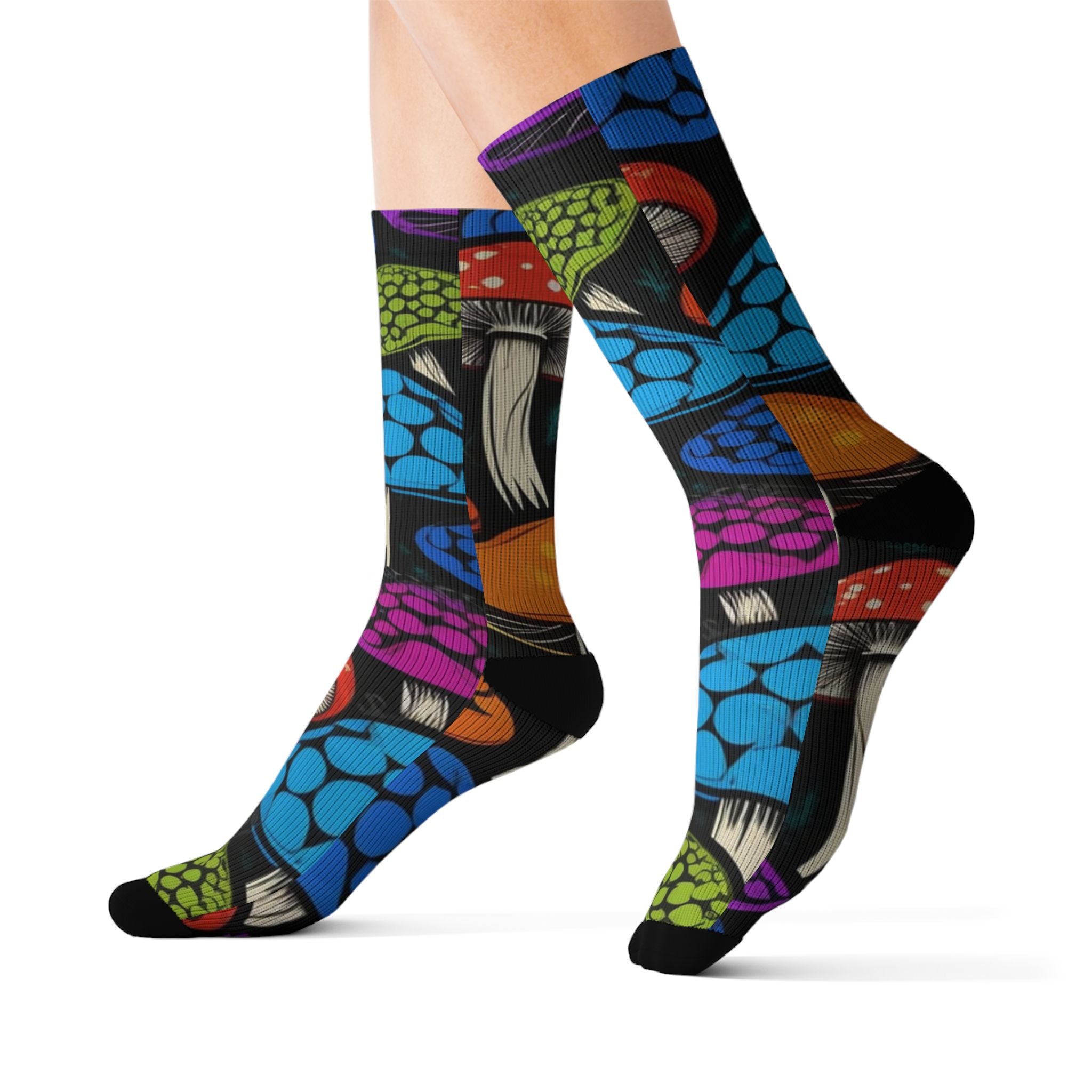 Socks: Colorful Mushroom Pattern Socks, Funky Gift Idea for Nature Lovers, Unisex Wearable Art, Fun Socks for Festivals, Unique Apparel