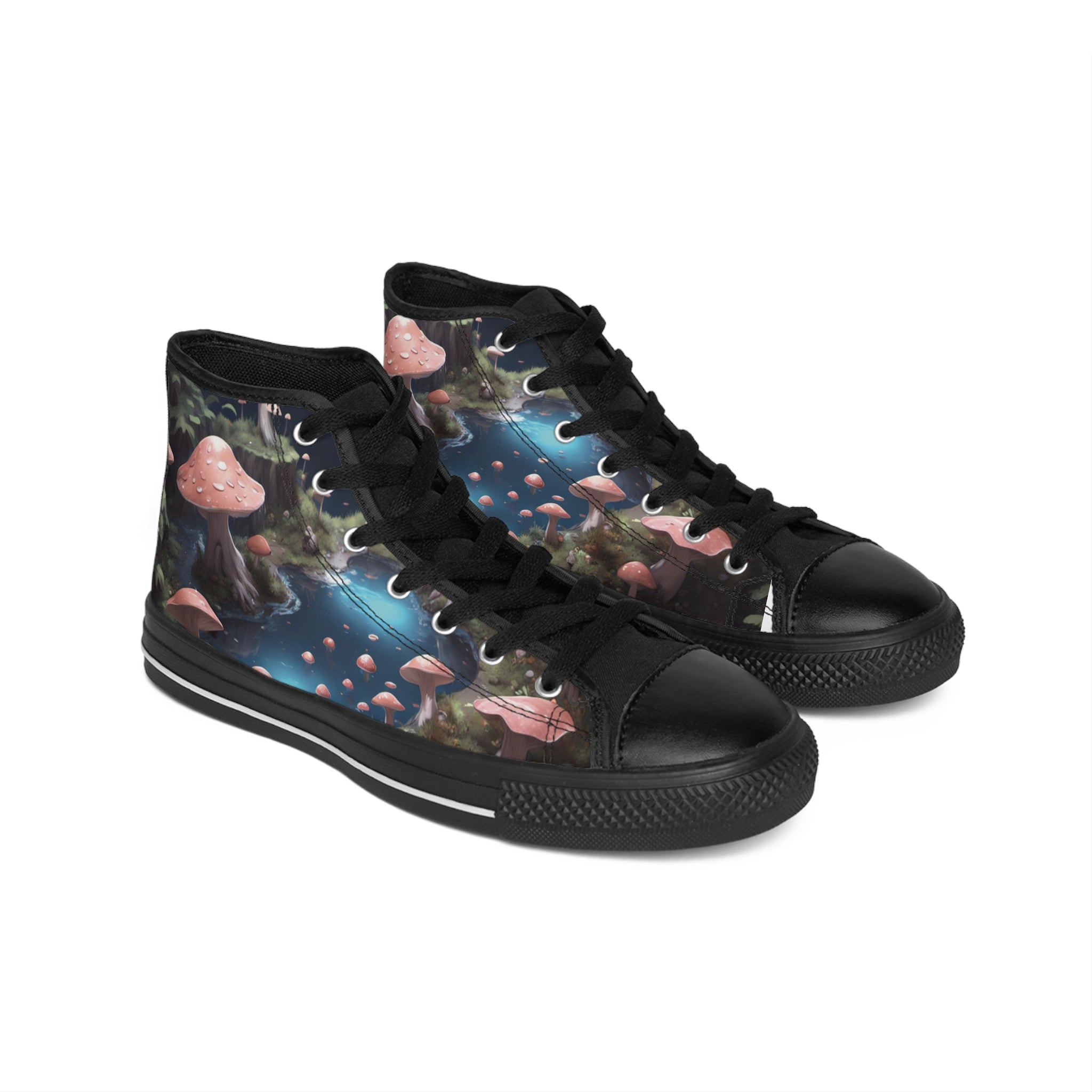 Mushroom Forest High-Top Sneakers — Women's Fantasy Nature Canvas Shoes