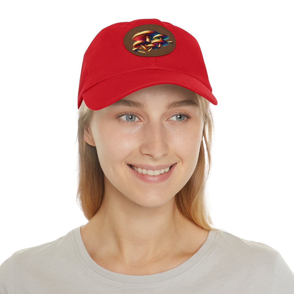 Mushroom Patch Dad Hat — Colorful Psychedelic Fungi Leather Patch Cap