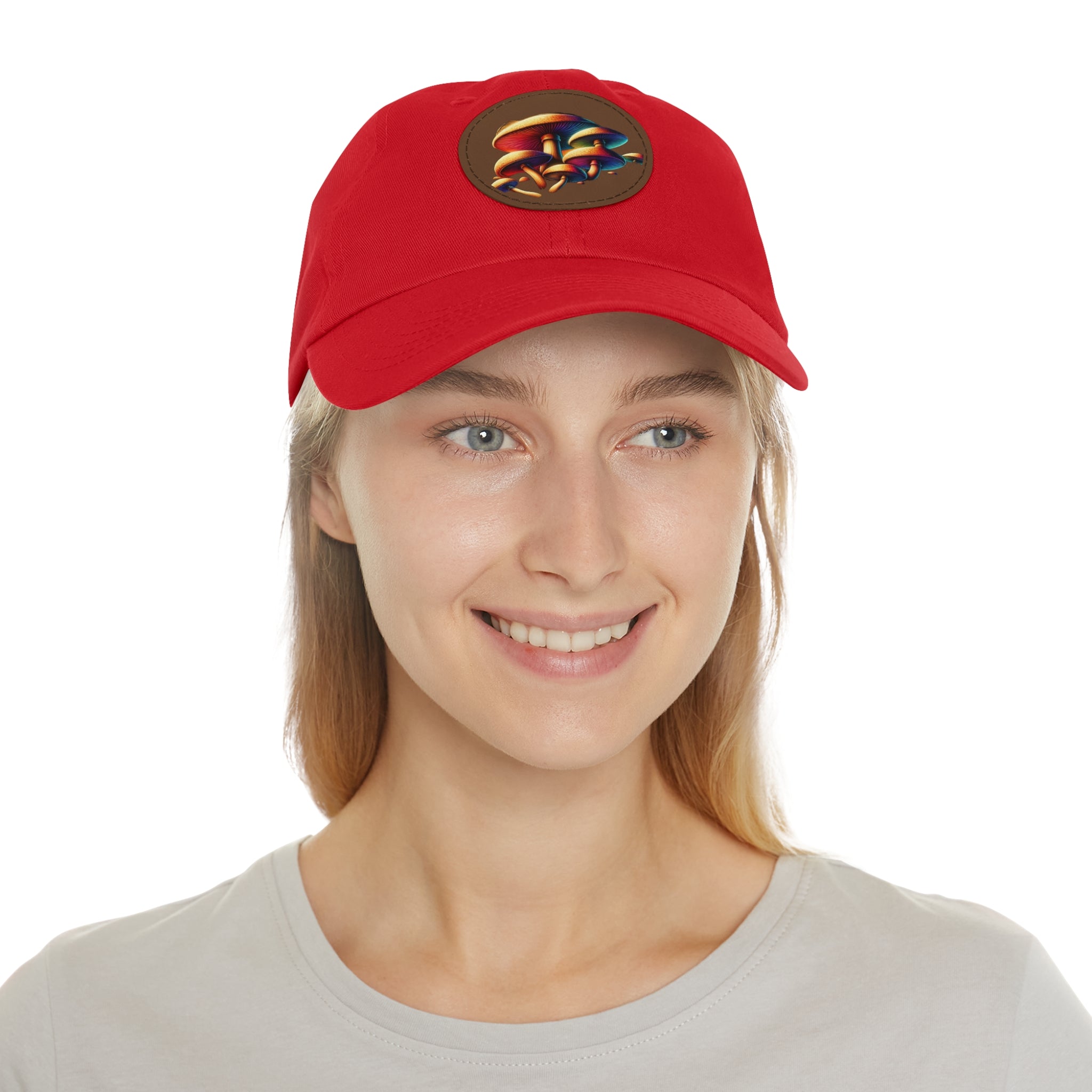 Mushroom Patch Dad Hat — Colorful Psychedelic Fungi Leather Patch Cap