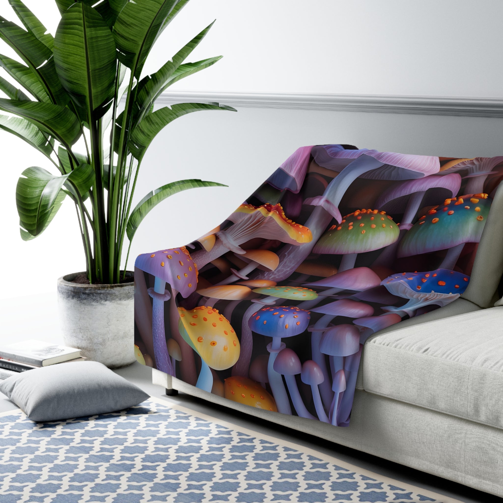 Blanket: Colorful Mushroom Sherpa Blanket — Cozy Fantasy Fleece Throw