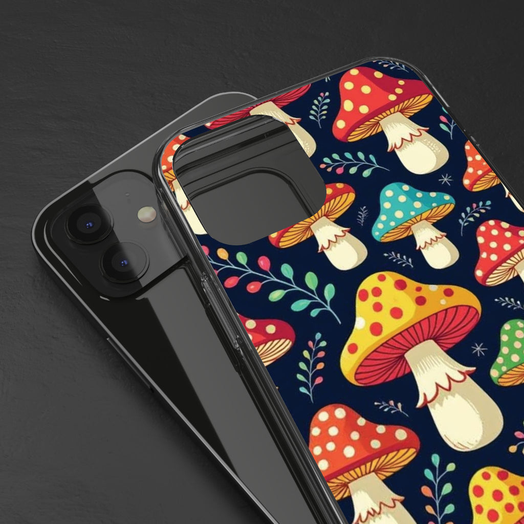 Phone Case: Mushroom Pattern Clear Phone Case — Colorful Toadstool Floral Design