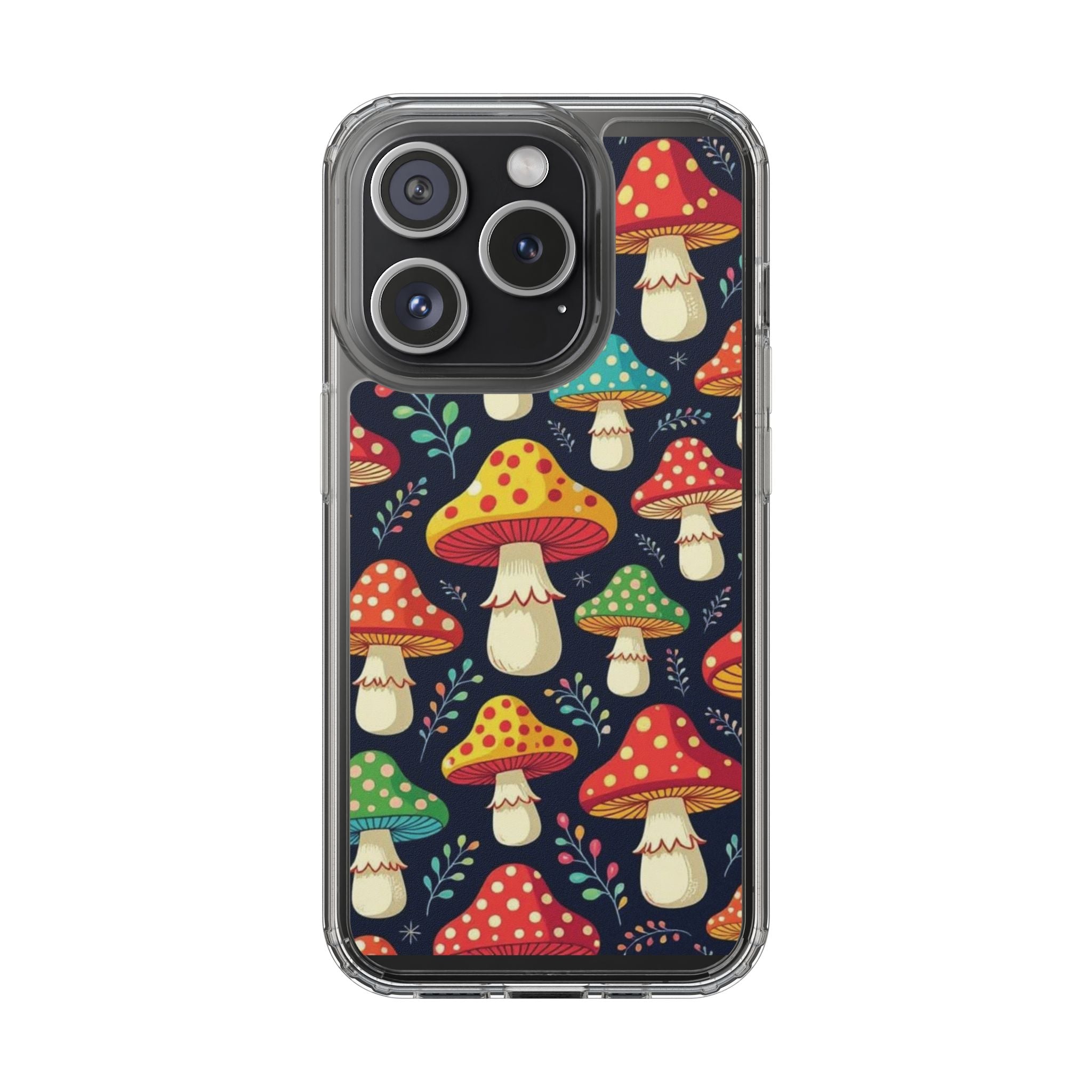 Phone Case: Mushroom Pattern Clear Phone Case — Colorful Toadstool Floral Design
