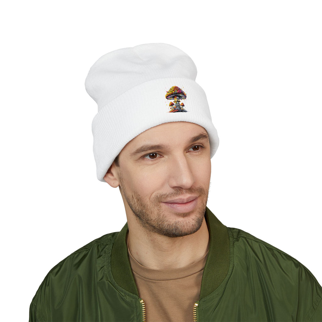 Beanie: Embroidered Colorful Mushroom Beanie — Cute Cuffed Knit Hat