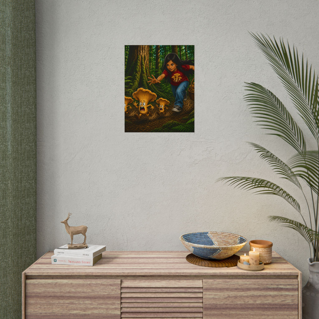 Rolled Poster: Girl Chasing Animated Mushrooms Forest Art Print