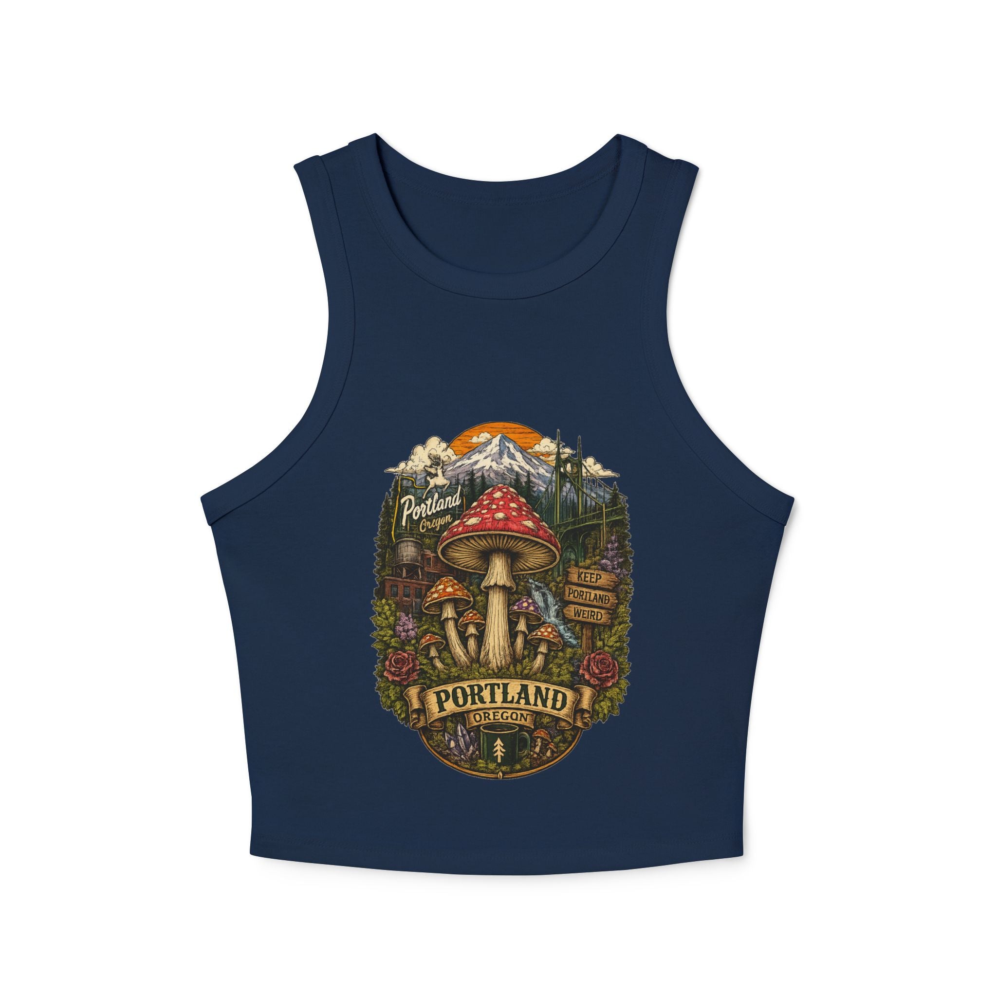 Tank Top: Portland Mushroom Graphic Tank — Women's Crop Racerback Tank Top