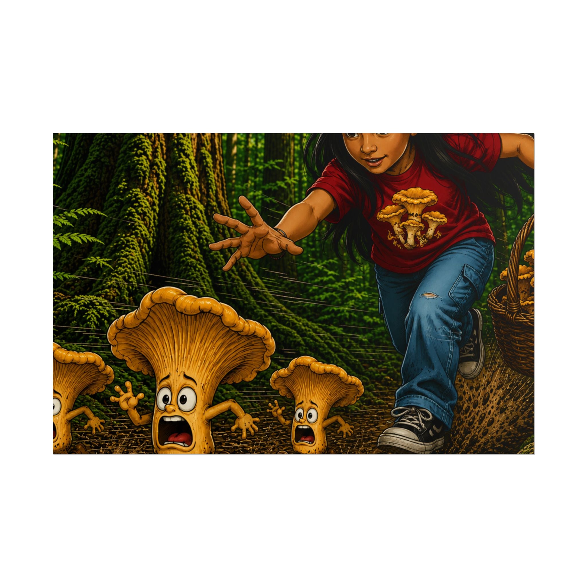 Rolled Poster: Girl Chasing Animated Mushrooms Forest Art Print