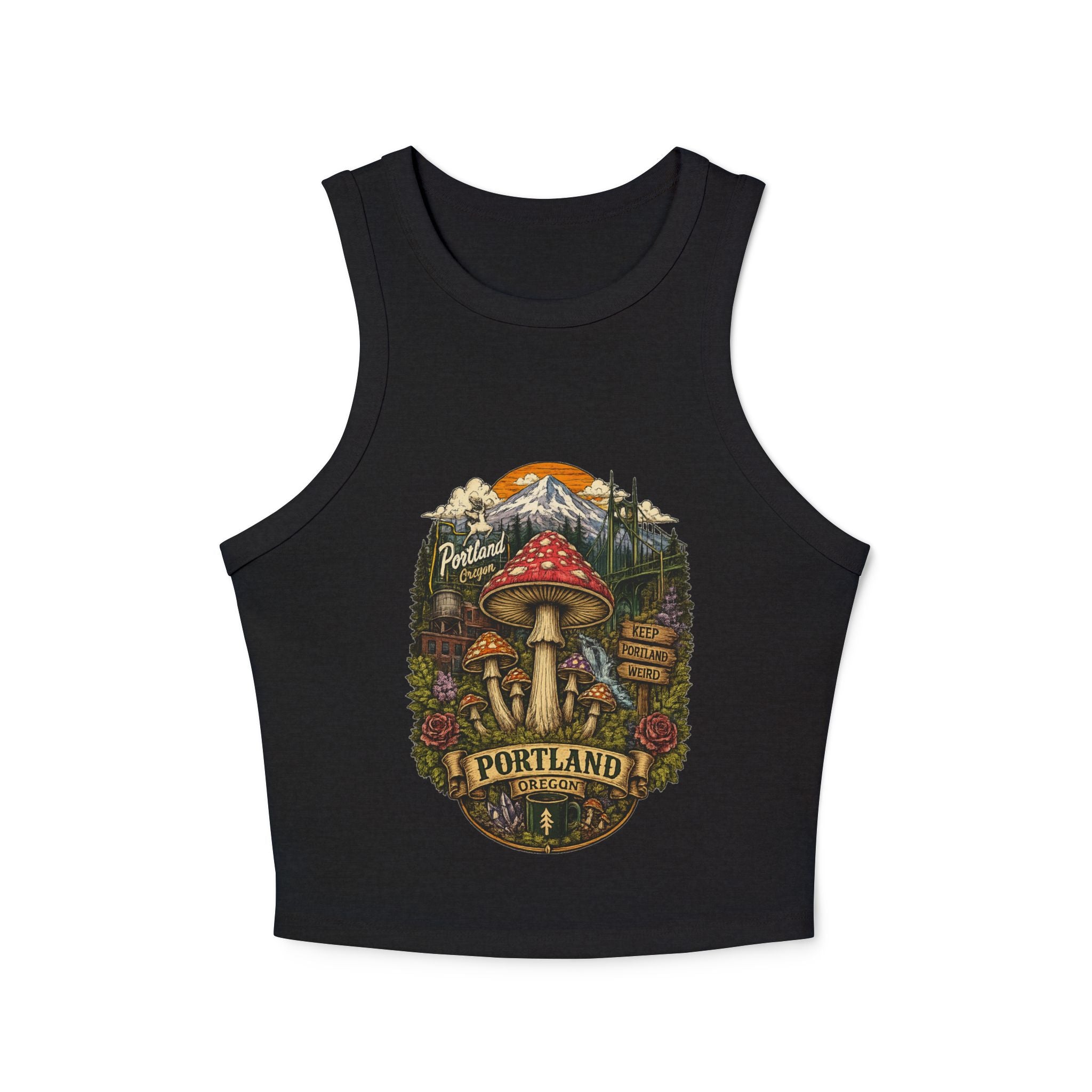 Tank Top: Portland Mushroom Graphic Tank — Women's Crop Racerback Tank Top