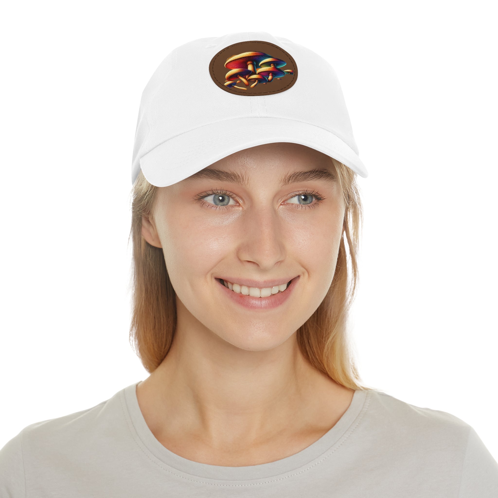 Mushroom Patch Dad Hat — Colorful Psychedelic Fungi Leather Patch Cap