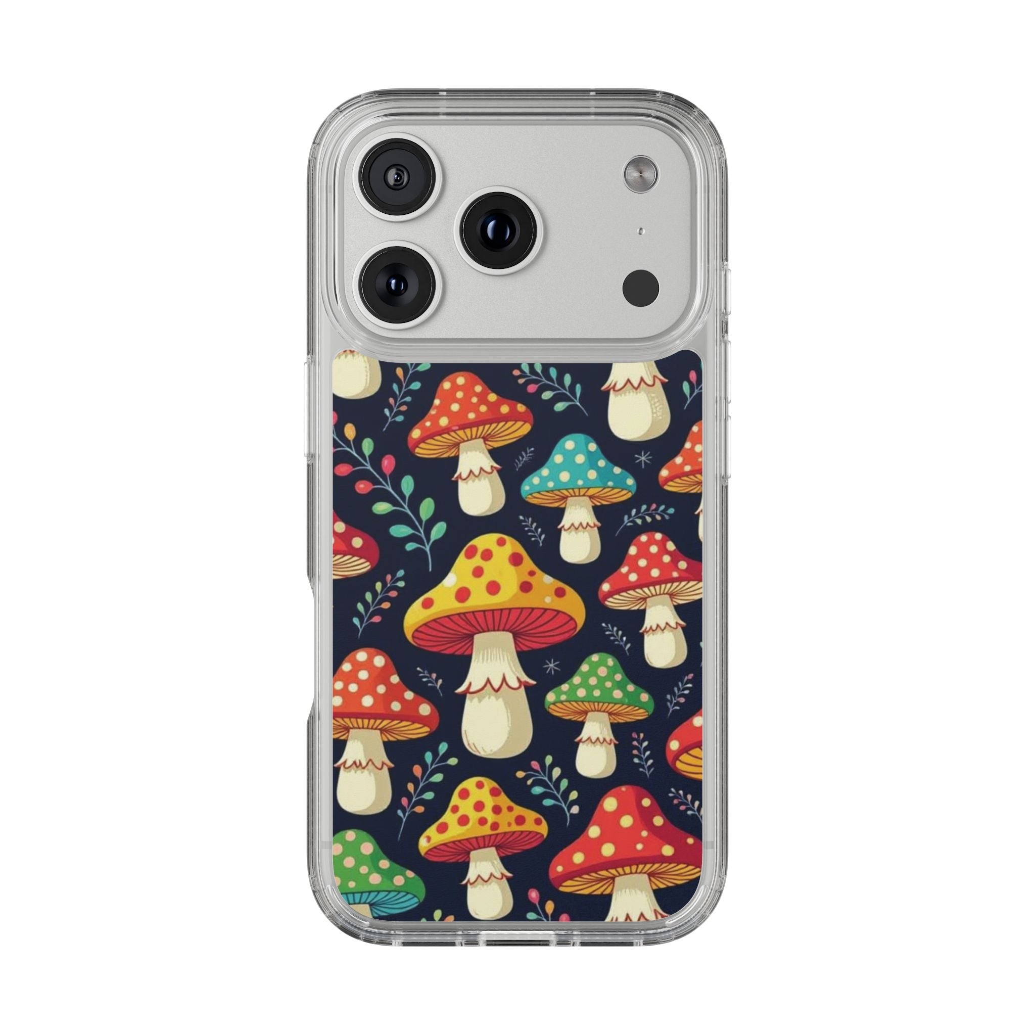 Phone Case: Mushroom Pattern Clear Phone Case — Colorful Toadstool Floral Design