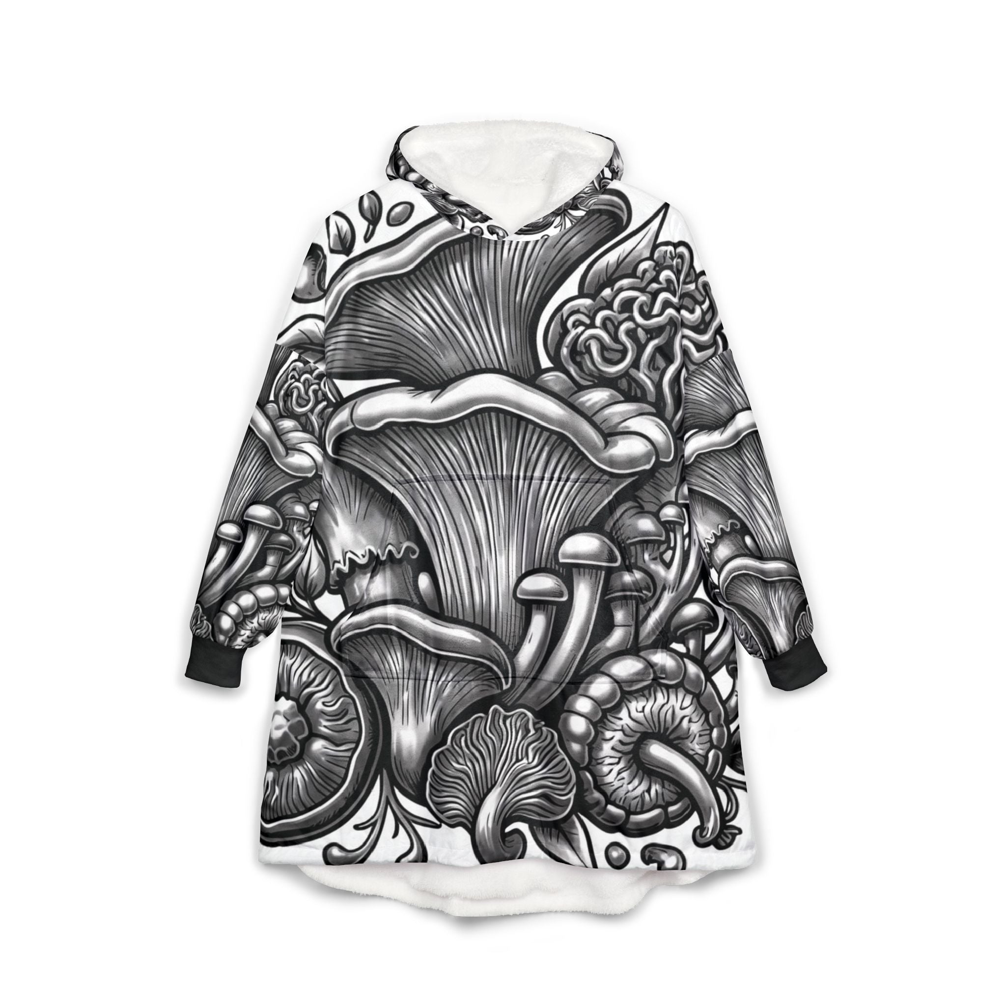 Mushroom Forest Hooded Blanket — Black & White Fungi Illustration Cozy Throw