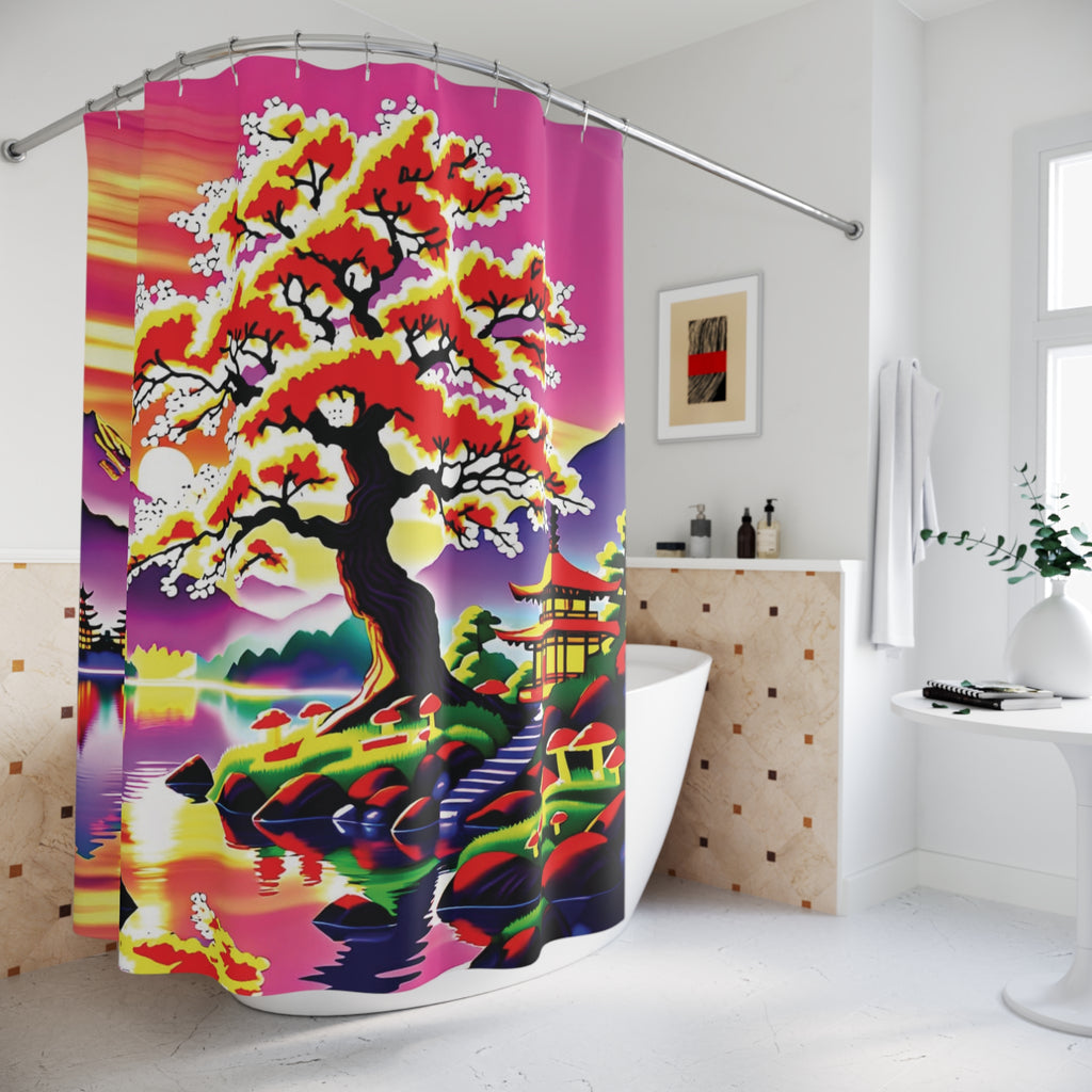 Rideau de douche bonsaï « Lever de soleil oriental » – Décoration de salle de bain vibrante avec paysage japonais