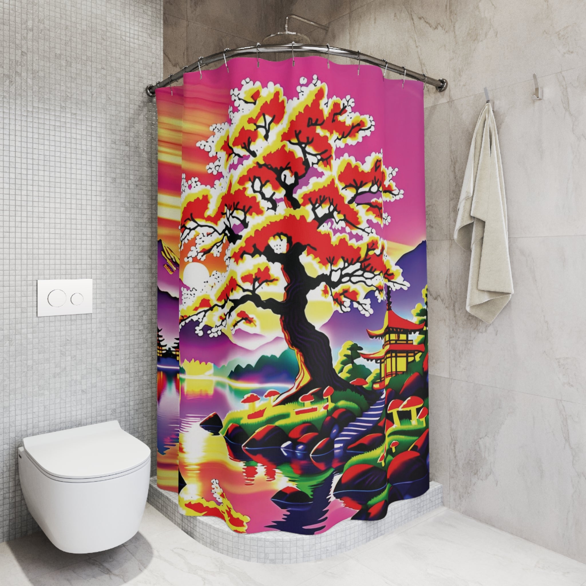 Oriental Sunrise Bonsai Shower Curtain — Vibrant Japanese Landscape Bathroom Decor
