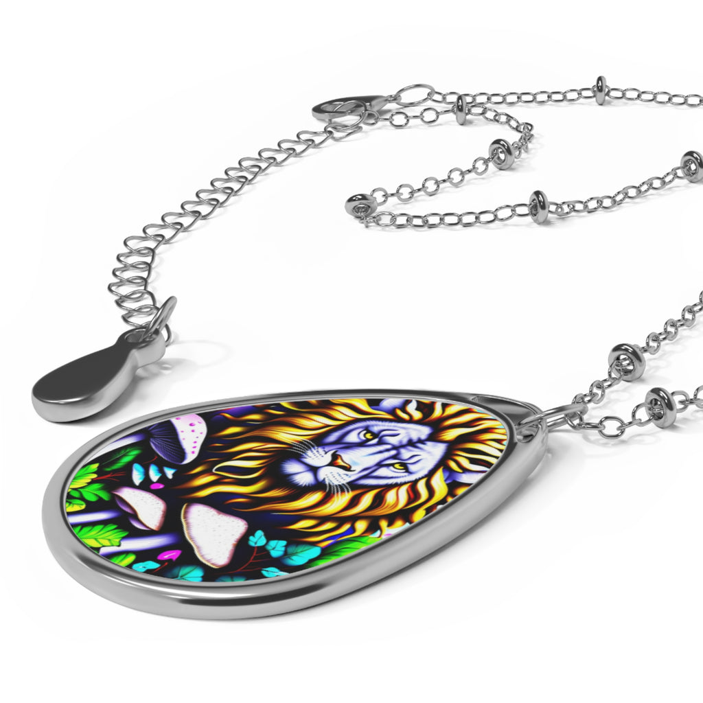 Lion Stained Glass Oval Necklace — Colorful Lion Pendant Jewelry