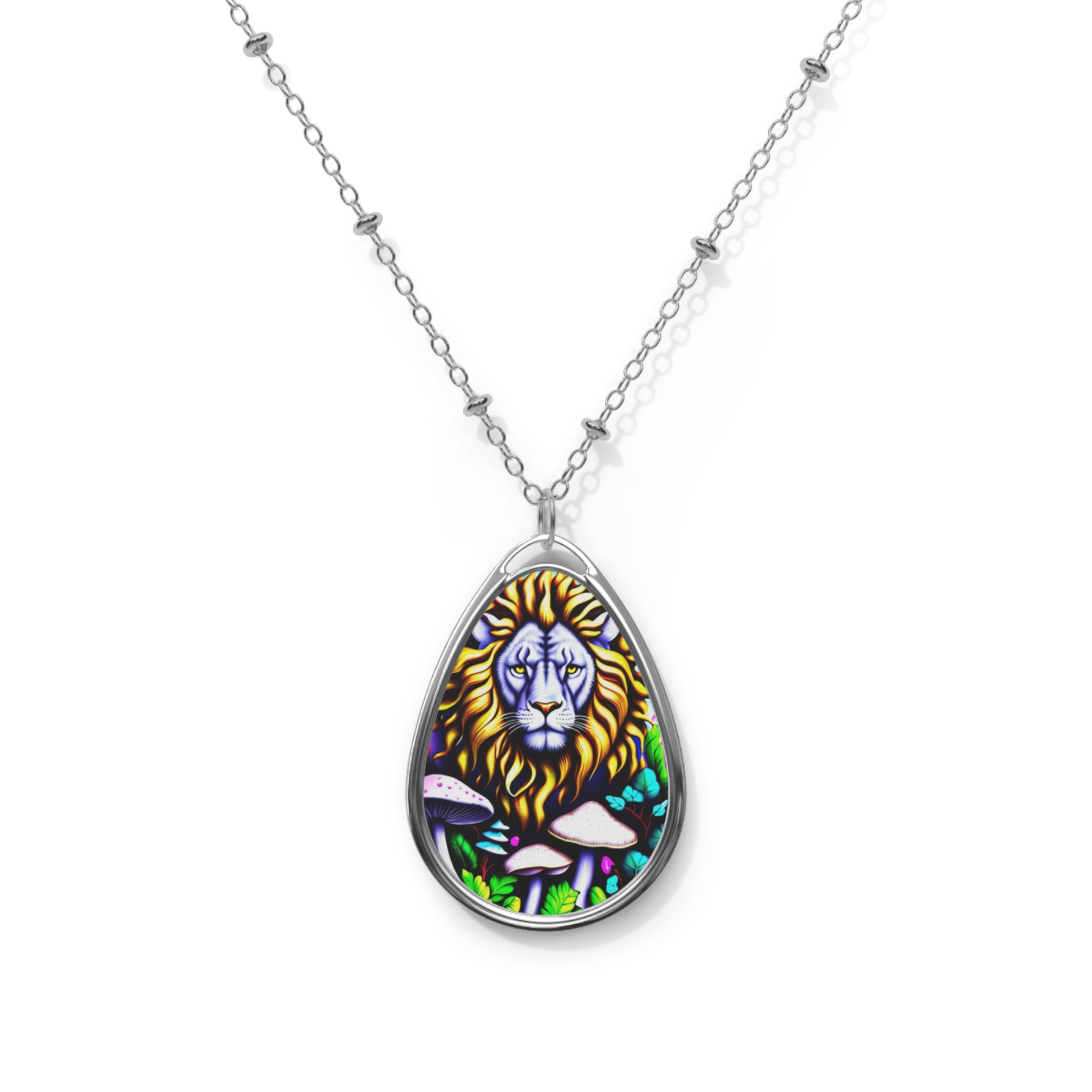 Lion Stained Glass Oval Necklace — Colorful Lion Pendant Jewelry