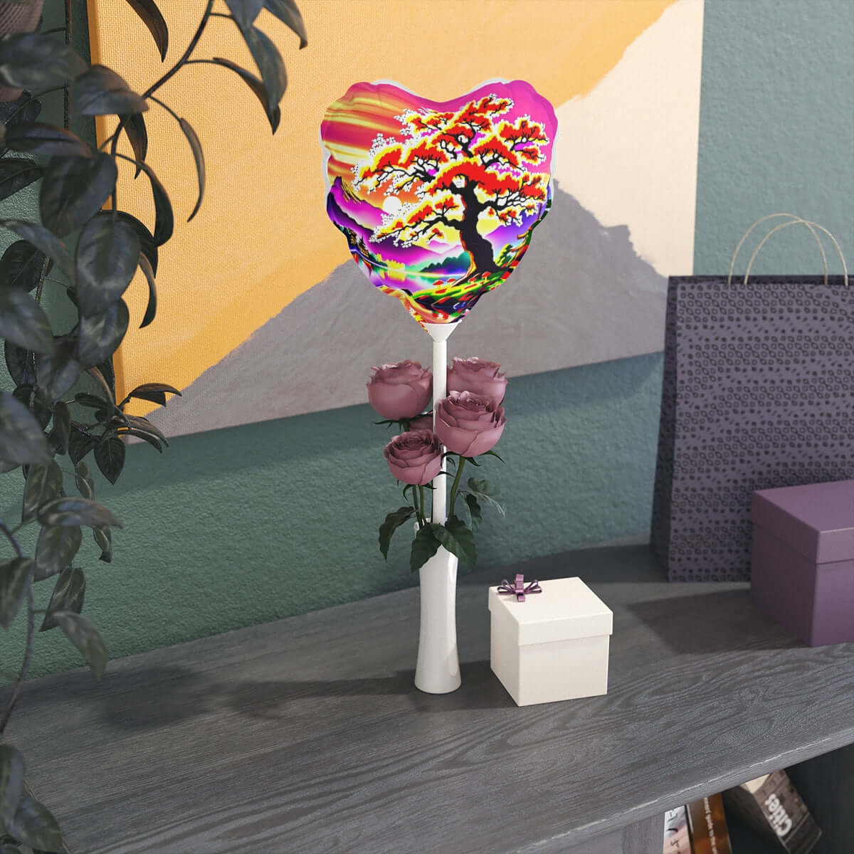 6" Heart Balloon with Vibrant Sunset Tree Design — Colorful Party & Gift Balloon