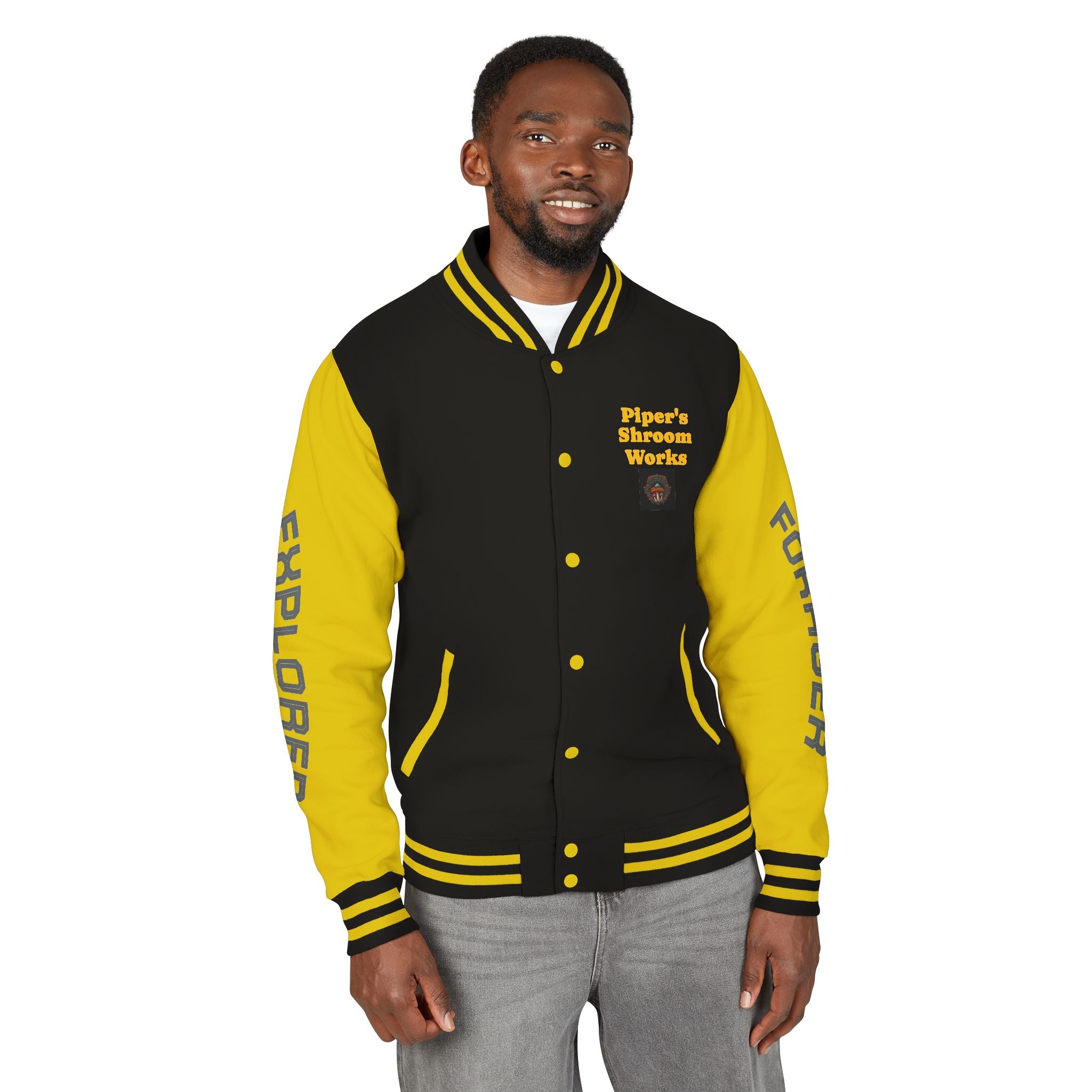 Mushroom Graphic Letterman Jacket — Colorful Psychedelic Spore Tree Design