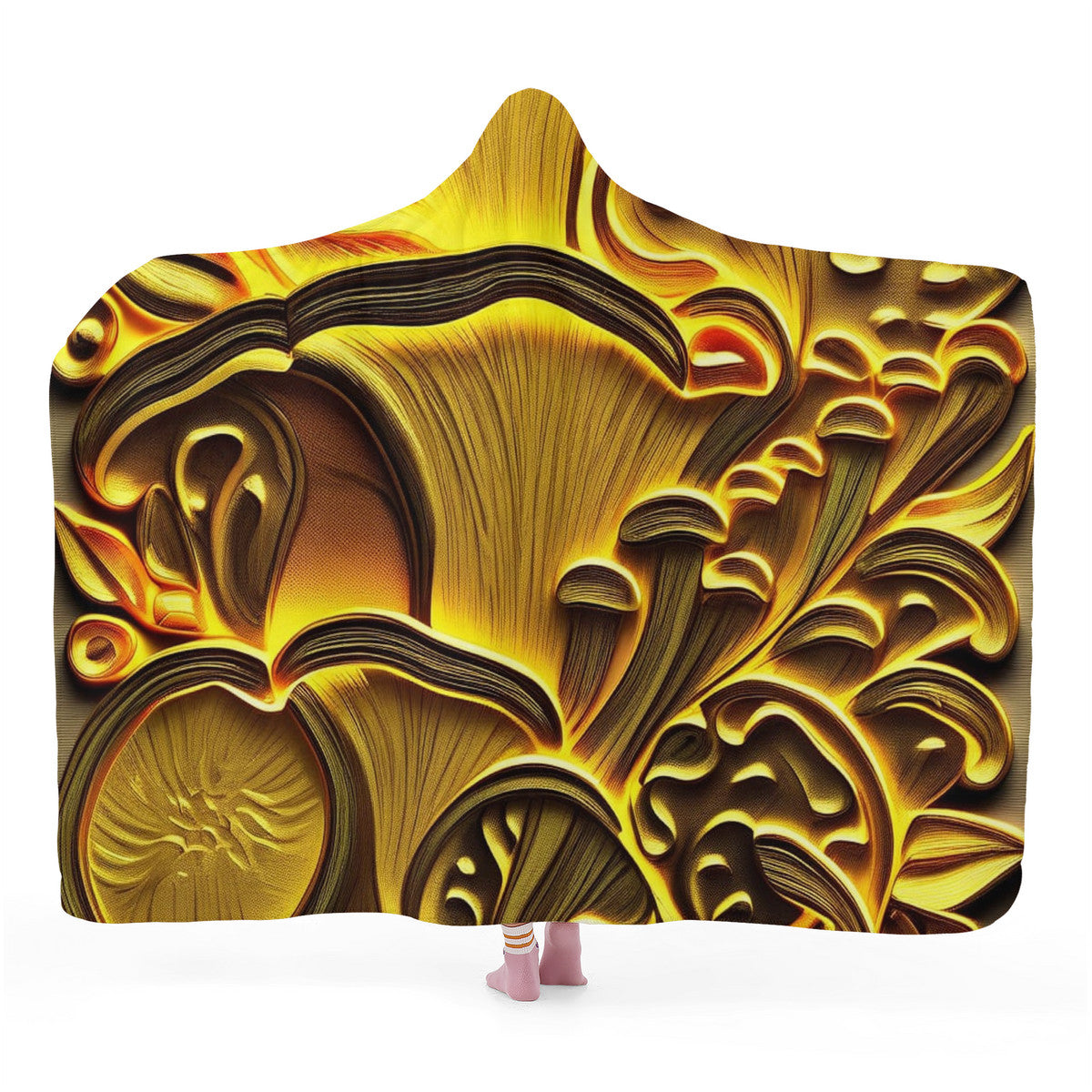 Custom Design Golden Mushroom Print Hooded Blanket