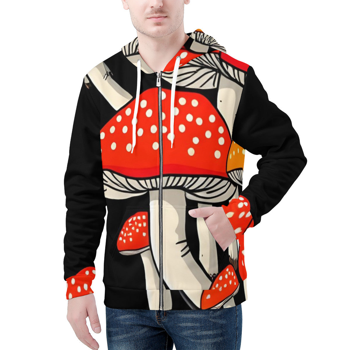 Bold Red & Yellow Mushroom Print Men's All Over Print Zip Hoodie