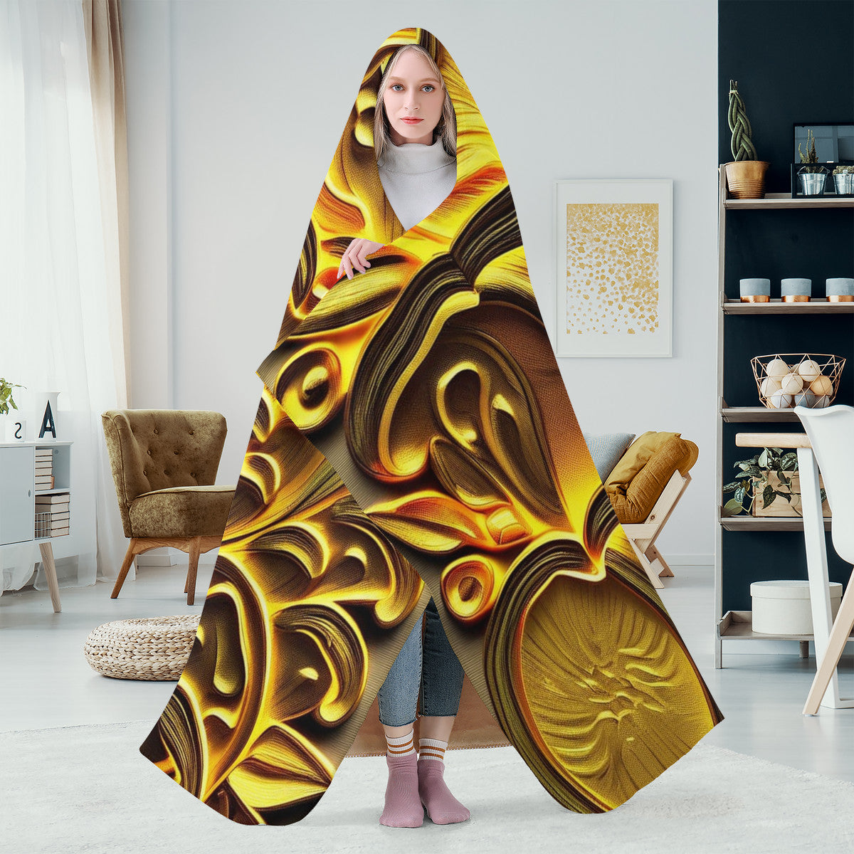 Custom Design Golden Mushroom Print Hooded Blanket