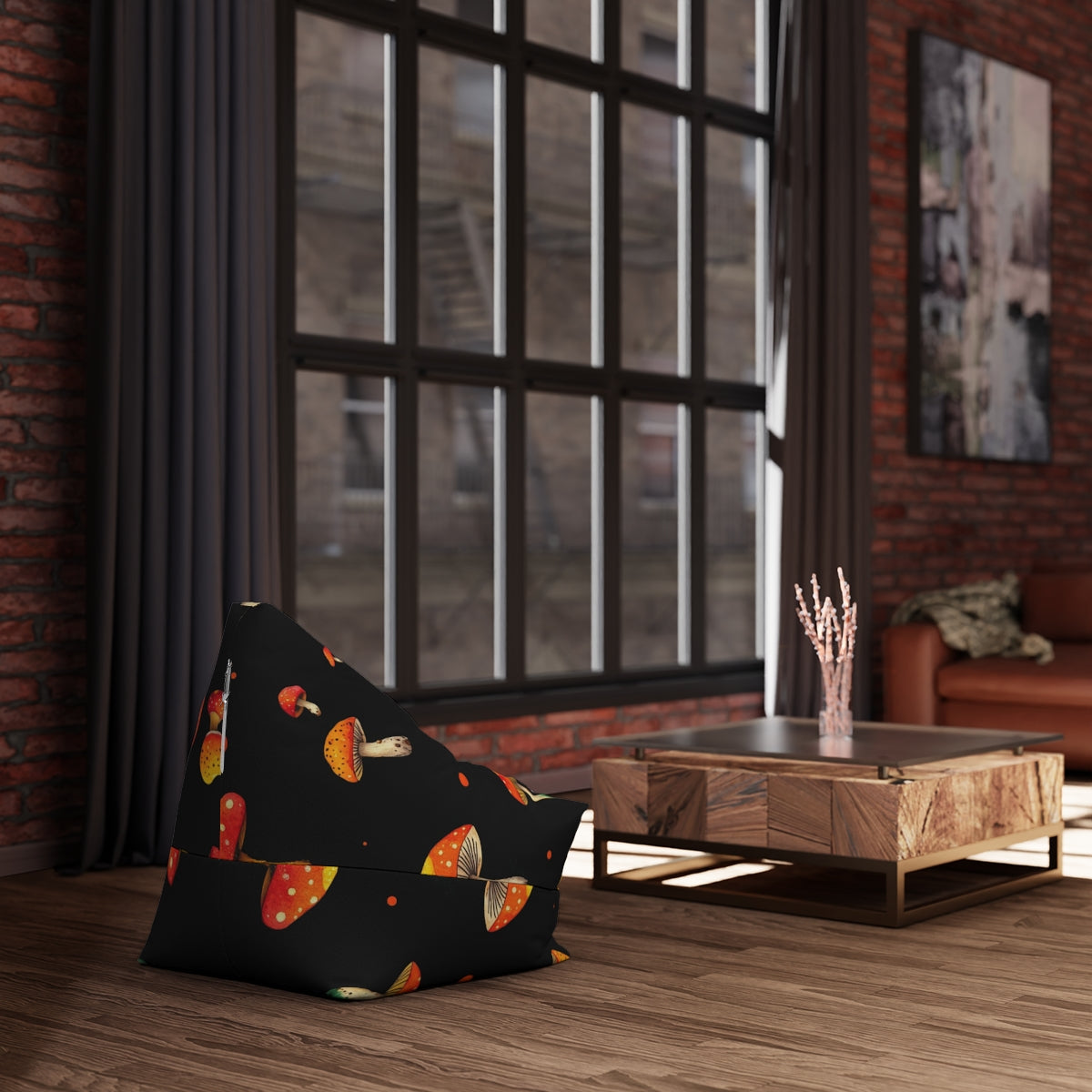 Mushroom Print Bean Bag Cover — Psychedelic Red Toadstool Pattern on Black