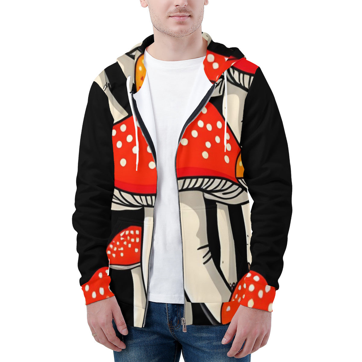 Bold Red & Yellow Mushroom Print Men's All Over Print Zip Hoodie