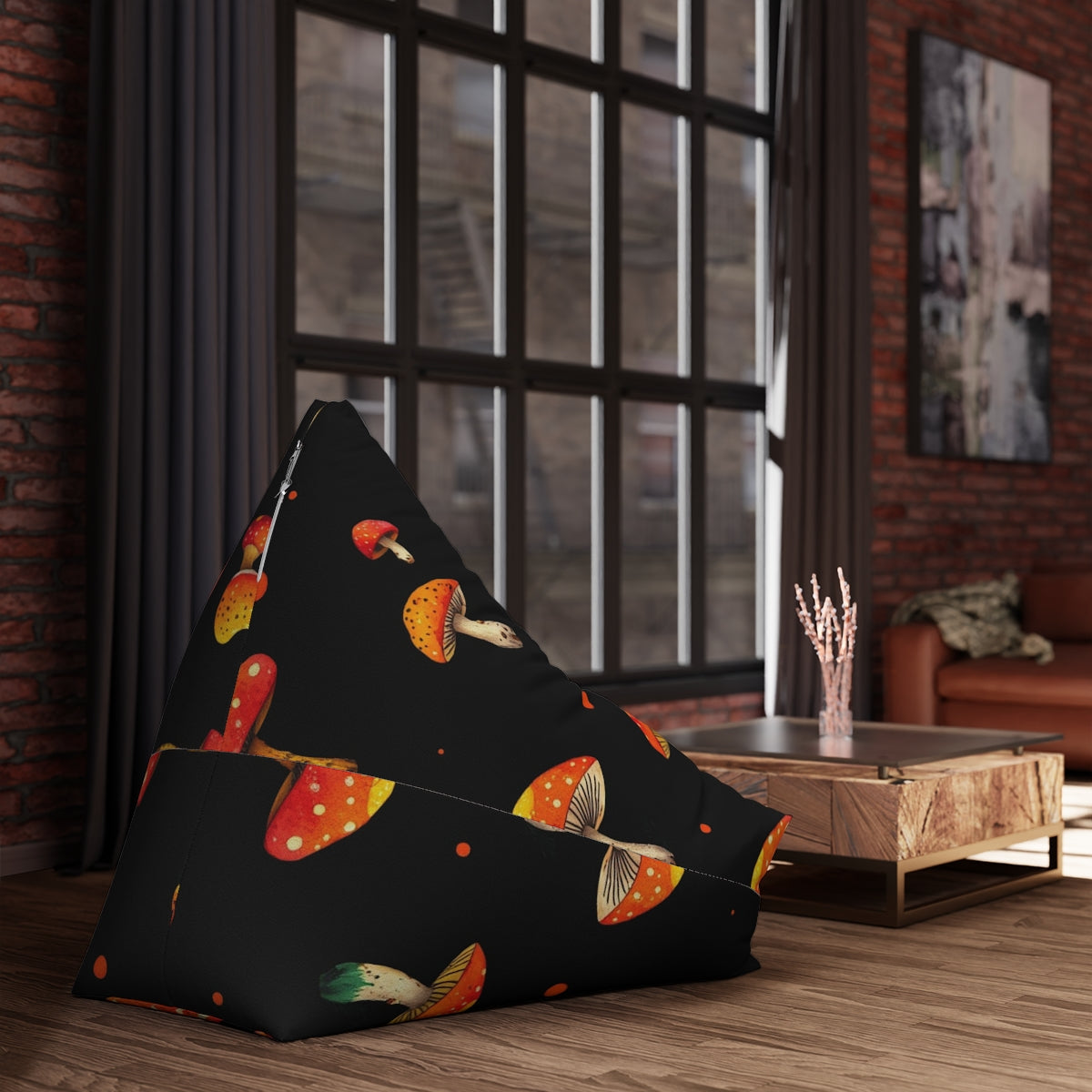 Mushroom Print Bean Bag Cover — Psychedelic Red Toadstool Pattern on Black