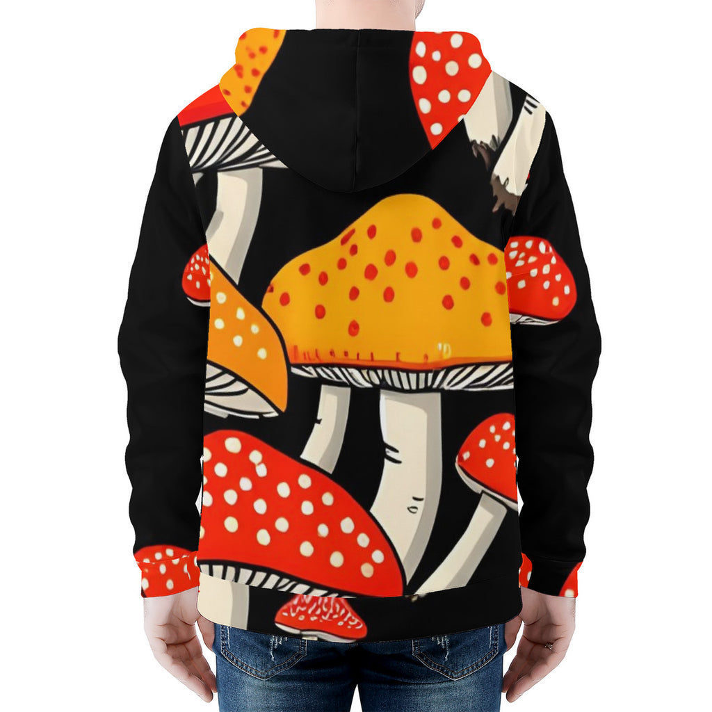 Bold Red & Yellow Mushroom Print Men's All Over Print Zip Hoodie