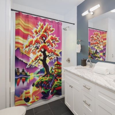 Oriental Sunrise Bonsai Shower Curtain — Vibrant Japanese Landscape Bathroom Decor