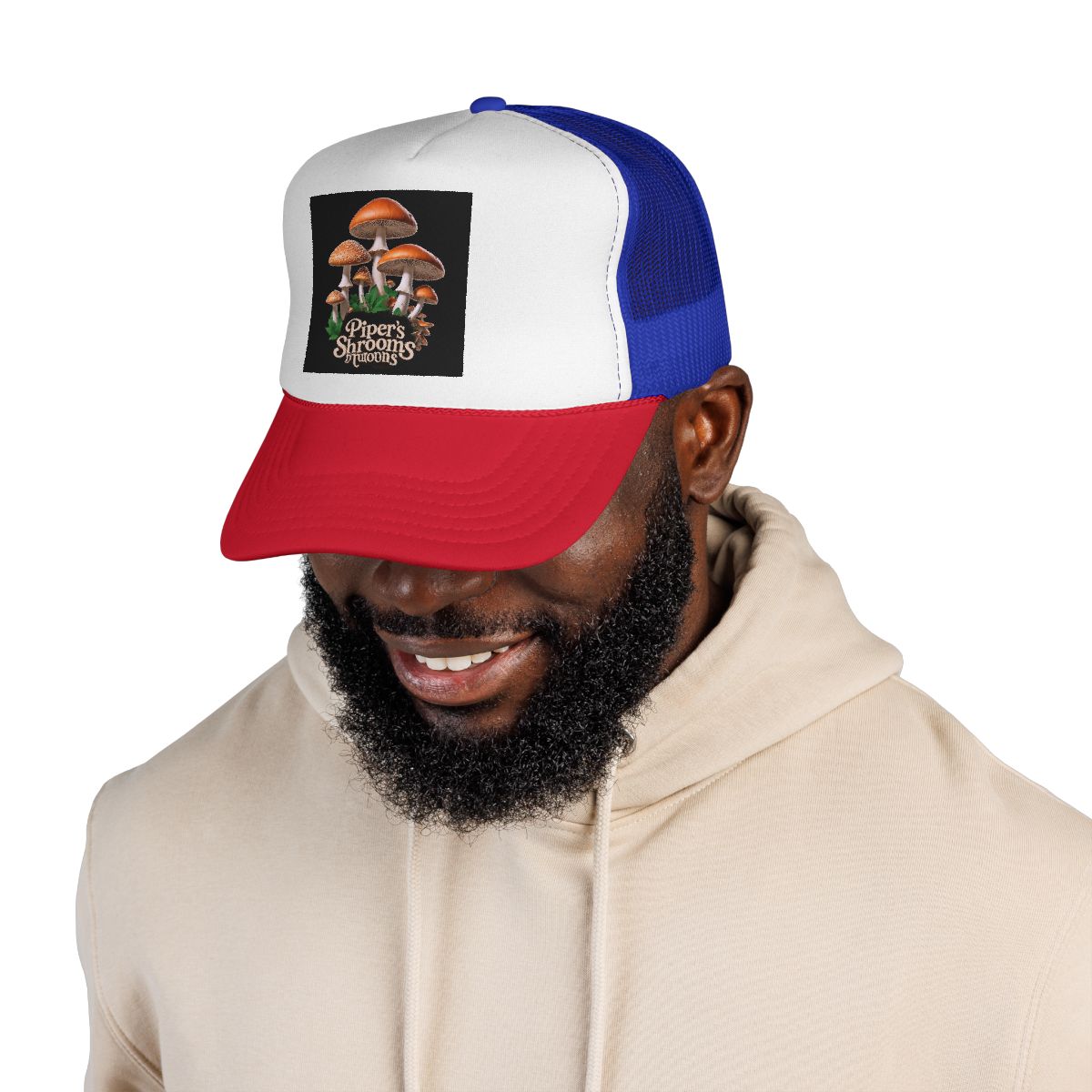 Gorra de camionero con setas — Gorra retro con parche "Piper's Shrooms"