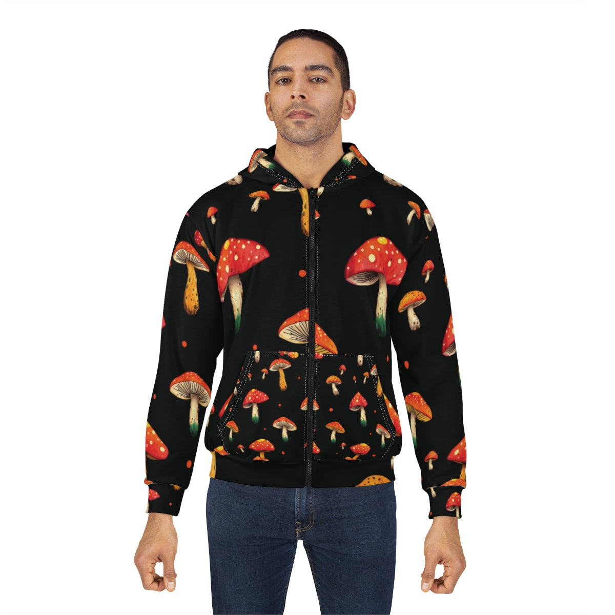 Mushroom Pattern Zip Hoodie — Red Toadstool All-Over Print