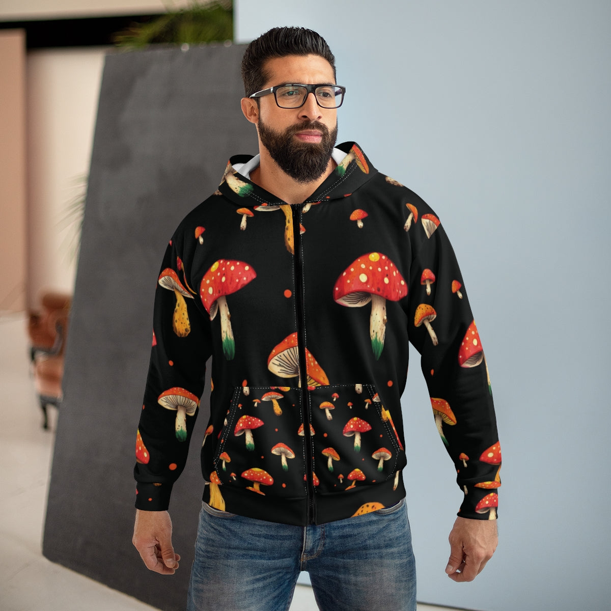 Sudadera con capucha y cremallera con diseño de setas — Estampado integral de amanita muscaria