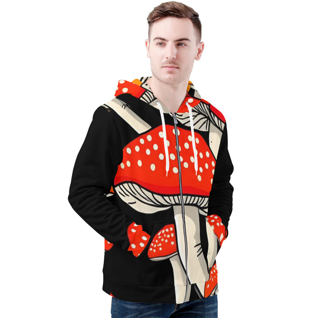 Bold Red & Yellow Mushroom Print Men's All Over Print Zip Hoodie