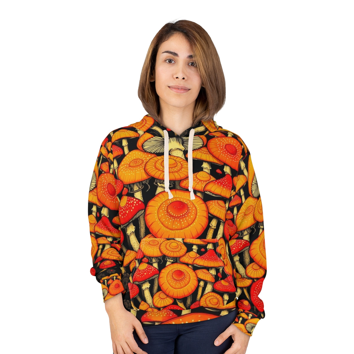 Mushroom Hoodie — Colorful Red & Orange Fungi All-Over Print